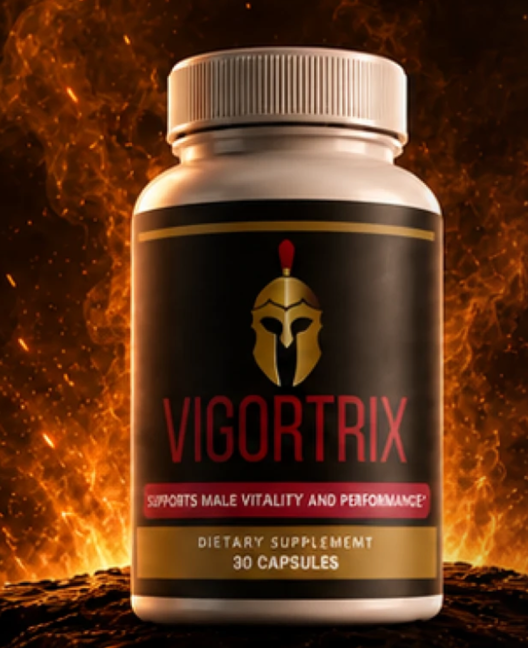 Vigortrix dietary supplement bottle against a warm dark background